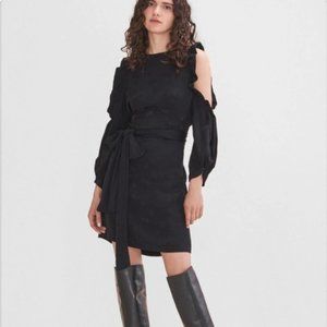 Maje "Cold Shoulder" Rod Dress in Black, Open Sleeve, Waist Tie New With Tags